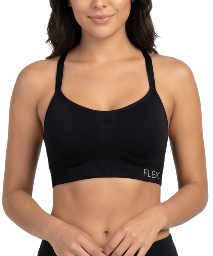Woman wearing a black sports bra with 'Flex' branding on a white background