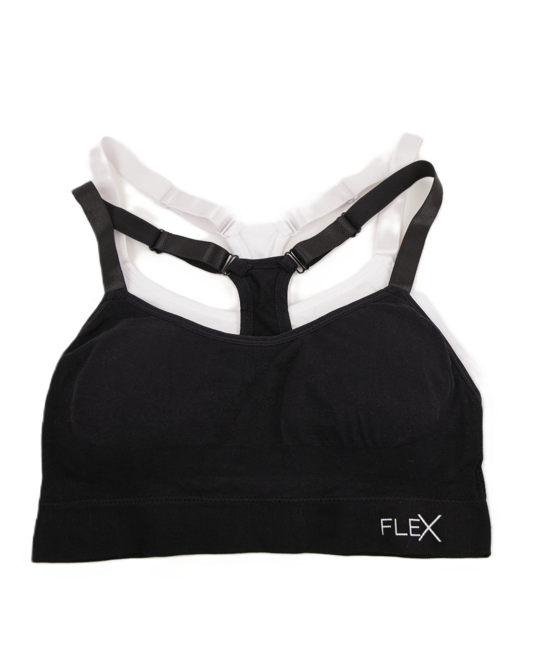 Black sports bra and white sports bra with 'FLEX' branding on a white background
