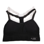 Black sports bra and white sports bra with 'FLEX' branding on a white background