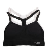 Black sports bra and white sports bra with 'FLEX' branding on a white background