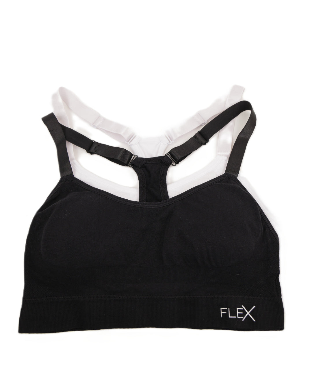 Black sports bra and white sports bra with 'FLEX' branding on a white background