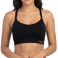 Woman wearing a black sports bra with 'Flex' branding on a white background