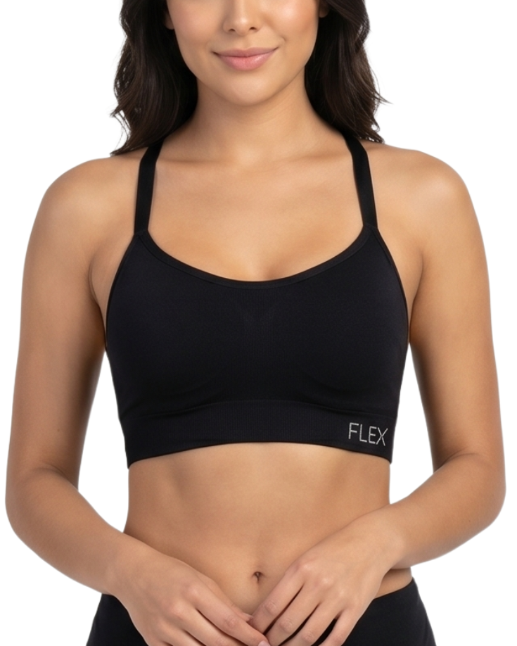 Woman wearing a black sports bra with 'Flex' branding on a white background