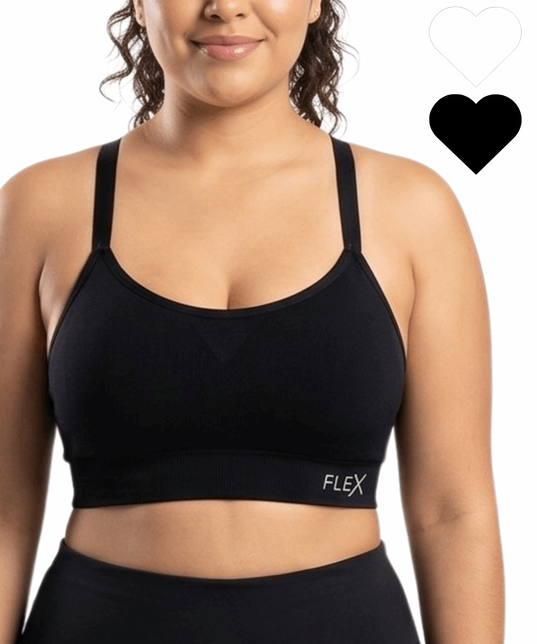 Woman in a black sports bra against a white background. 