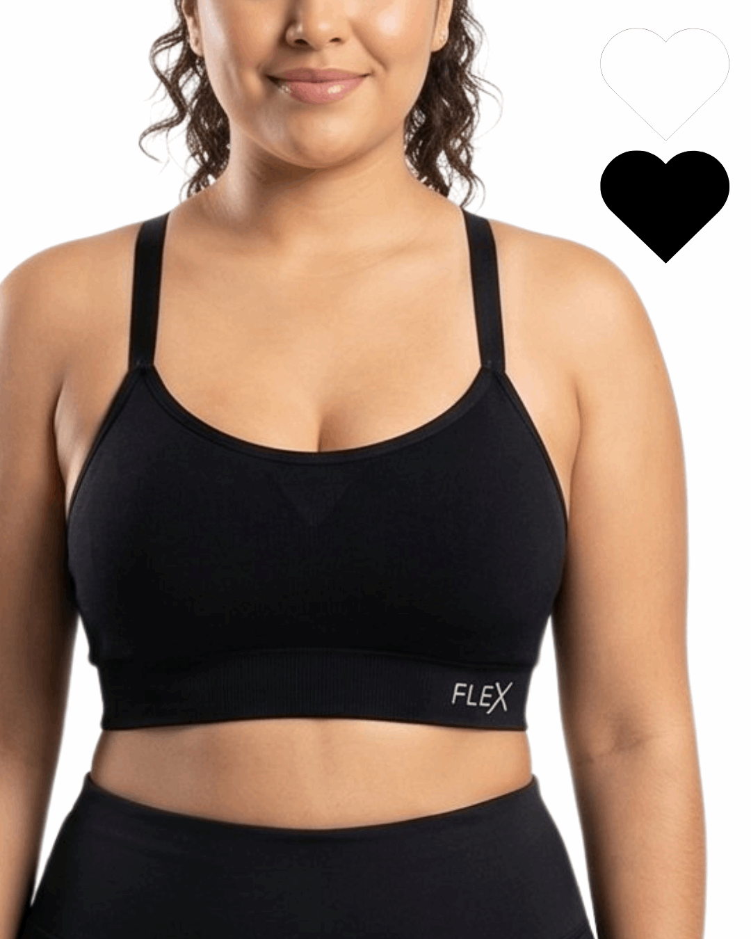Woman in a black sports bra against a white background. 