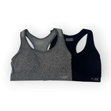 Gray and black sports bras with 'FLEX' branding on a white background