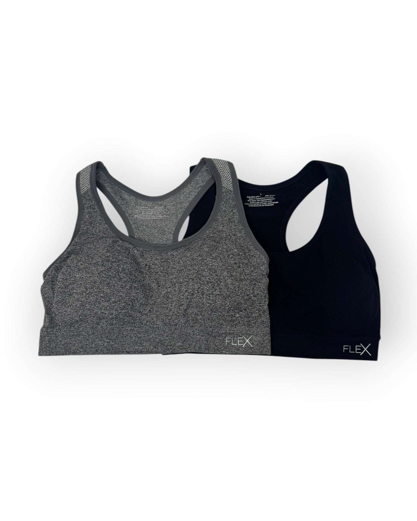Gray and black sports bras with 'FLEX' branding on a white background