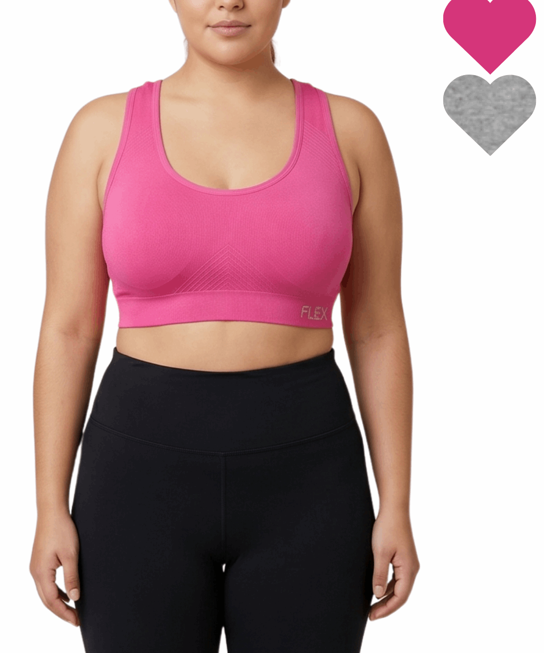 Person wearing a pink sports bra and black leggings on a white background