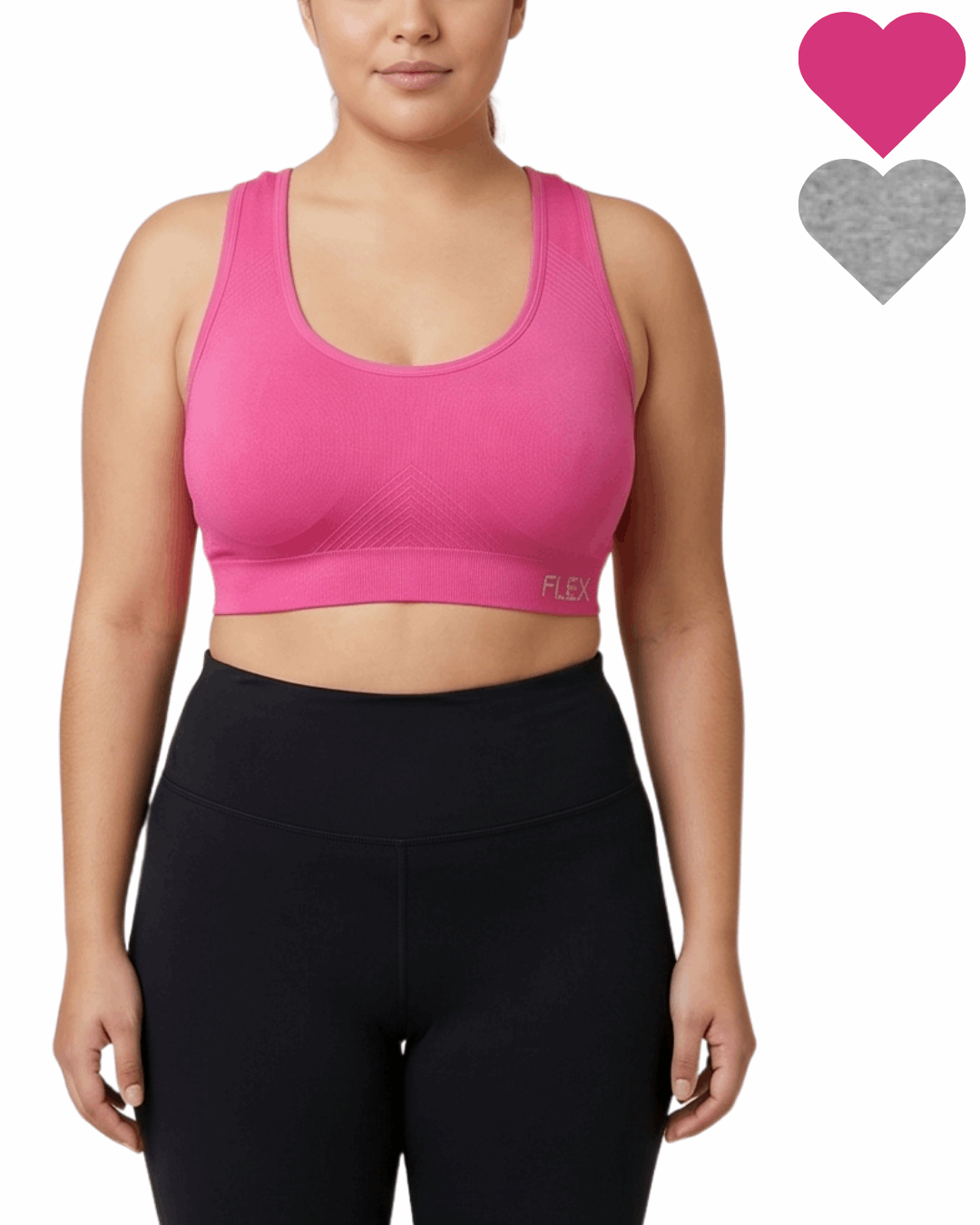 Person wearing a pink sports bra and black leggings on a white background