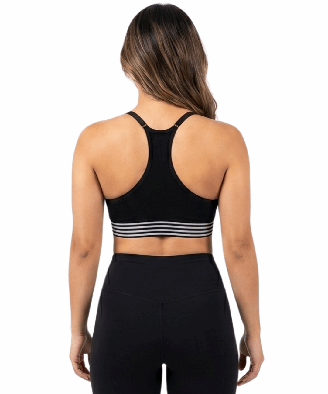 Person wearing a black sports bra with white stripes and black leggings on a white background