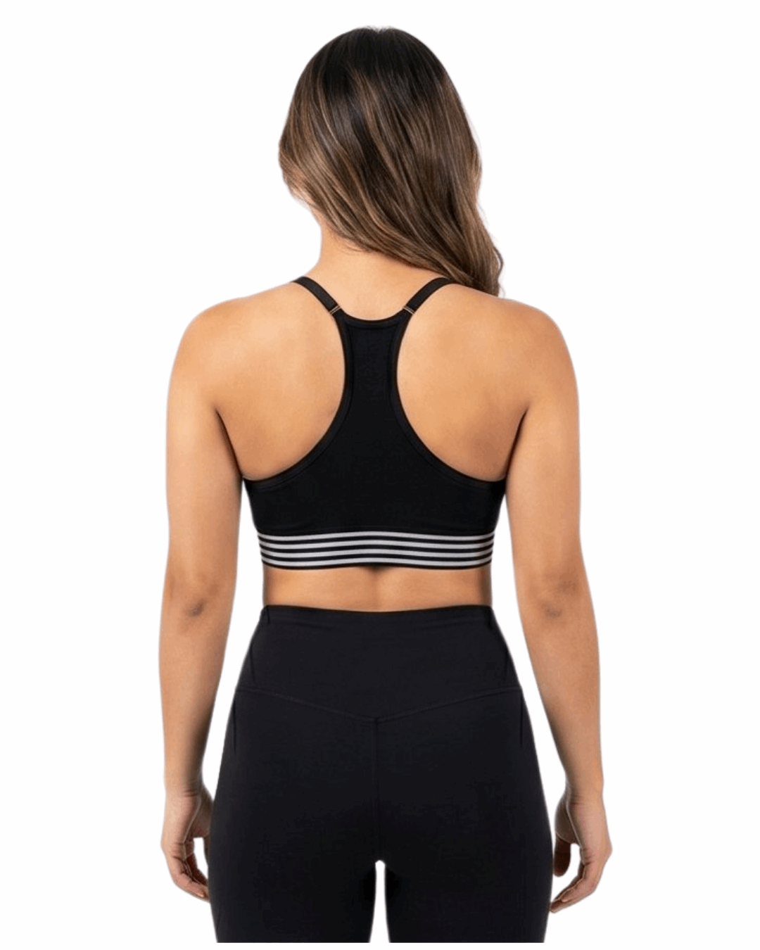 Person wearing a black sports bra with white stripes and black leggings on a white background