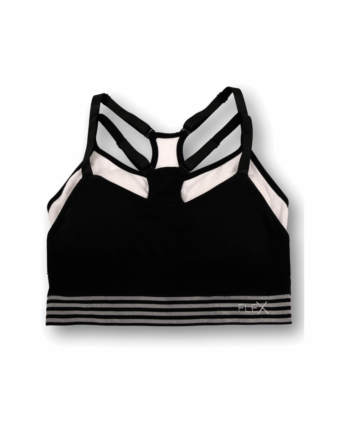 Black sports bra with white and gray stripes on a white background