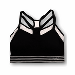 Black sports bra with white and gray stripes on a white background