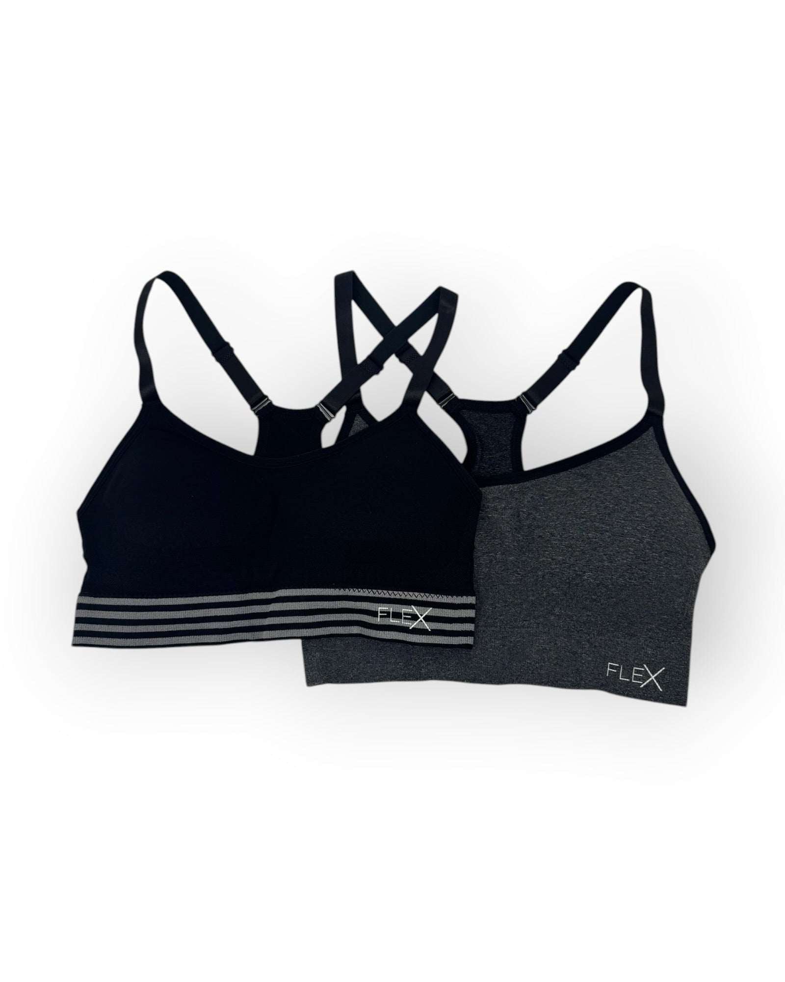 Two black sports bras with 'FLEX' branding on a white background