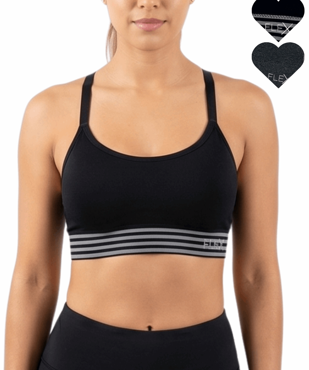 Black sports bra with striped design worn by a person on a white background