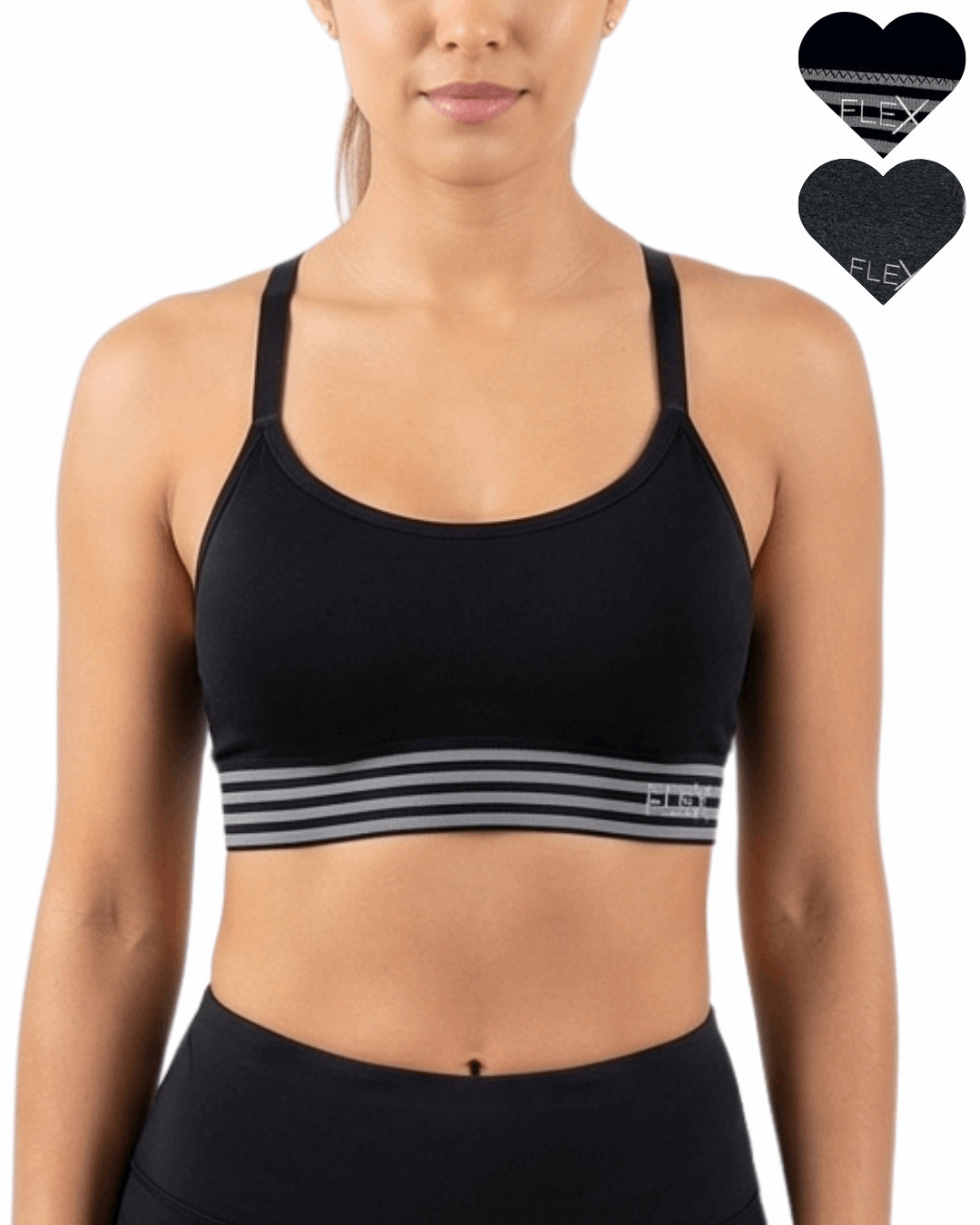 Black sports bra with striped design worn by a person on a white background