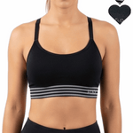 Black sports bra with striped design worn by a person on a white background