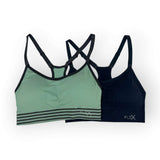 Two sports bras with 'FLEX' branding on a white background