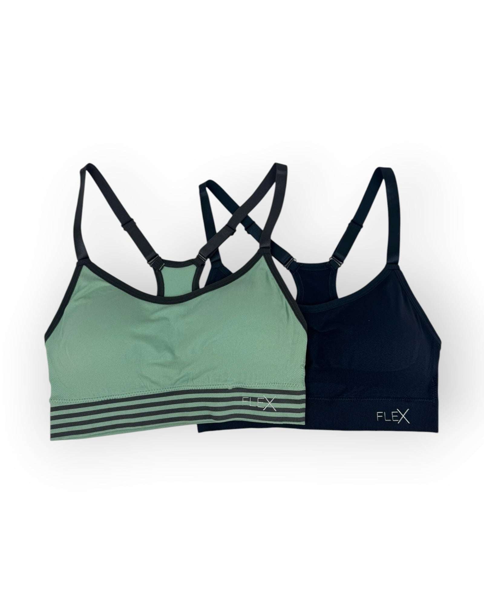 Two sports bras with 'FLEX' branding on a white background