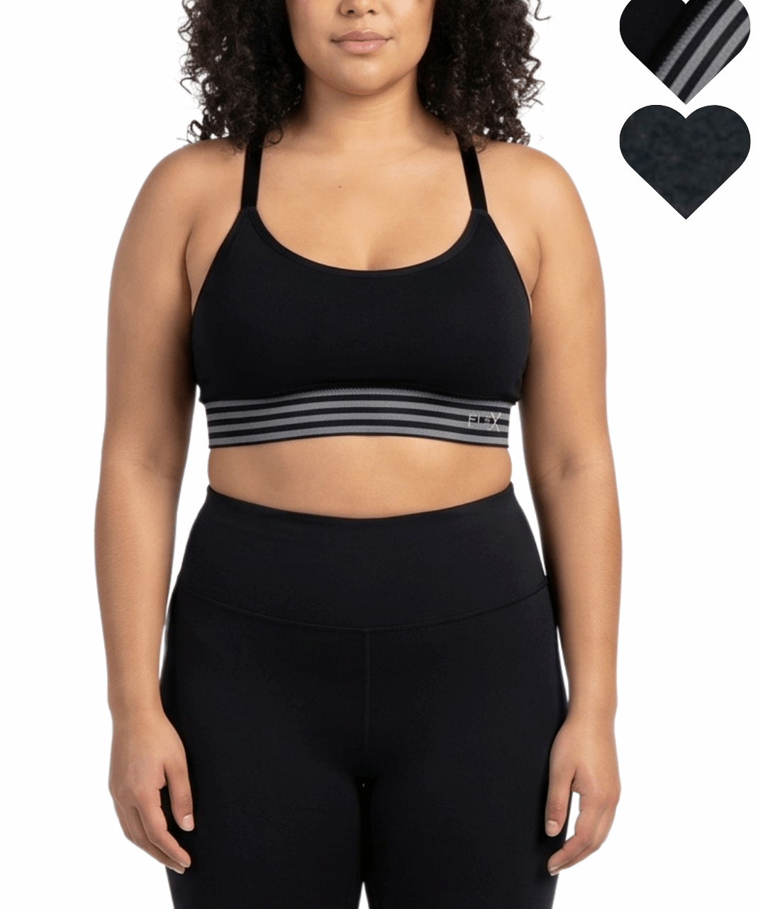Woman wearing a black sports bra and leggings on a white background