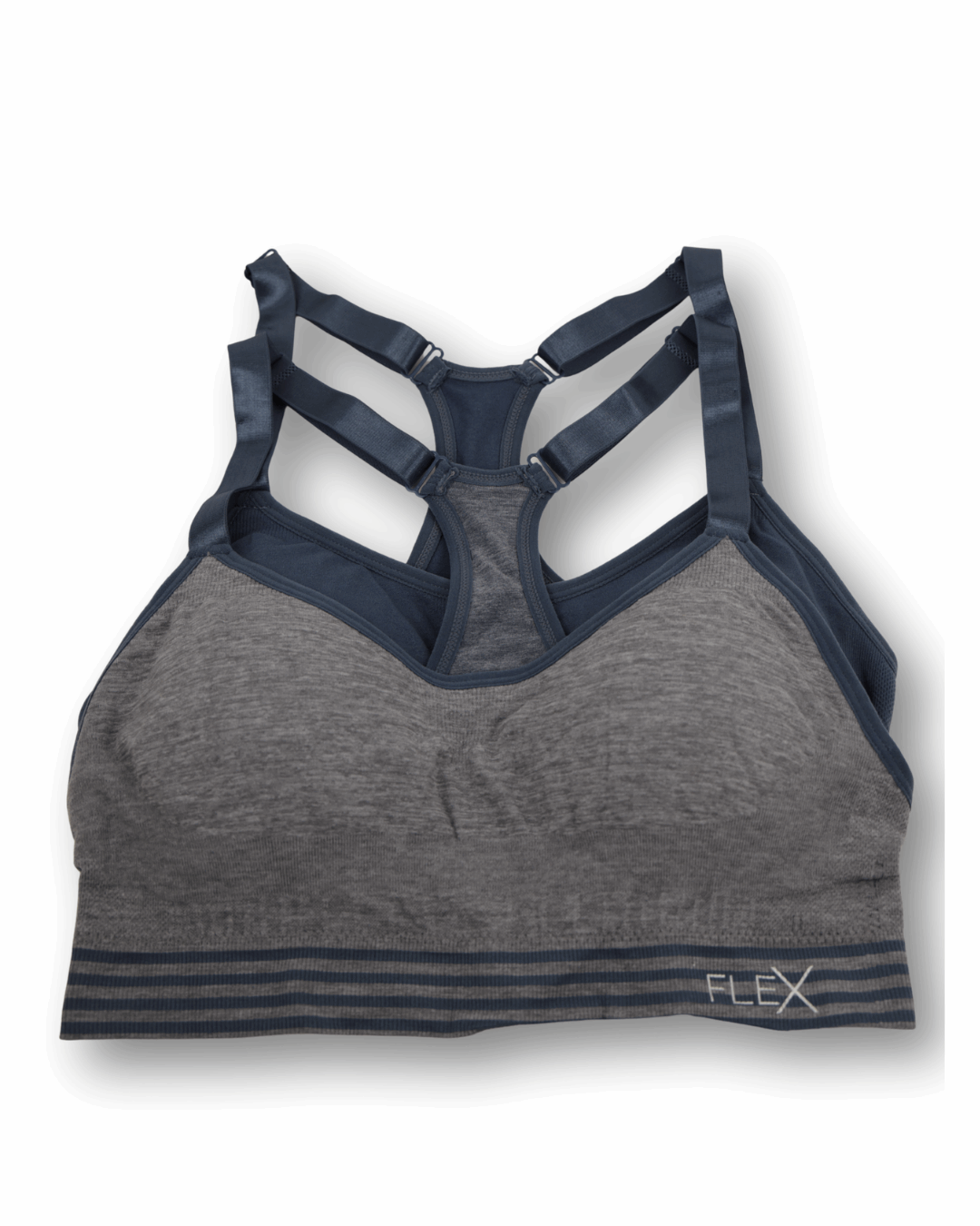 Gray sports bra with navy accents on a white background