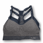 Gray sports bra with navy accents on a white background