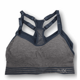 Gray sports bra with navy accents on a white background