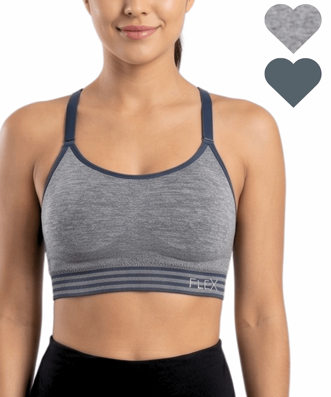 Woman wearing a gray sports bra with navy straps, featuring the brand 'Flex'.