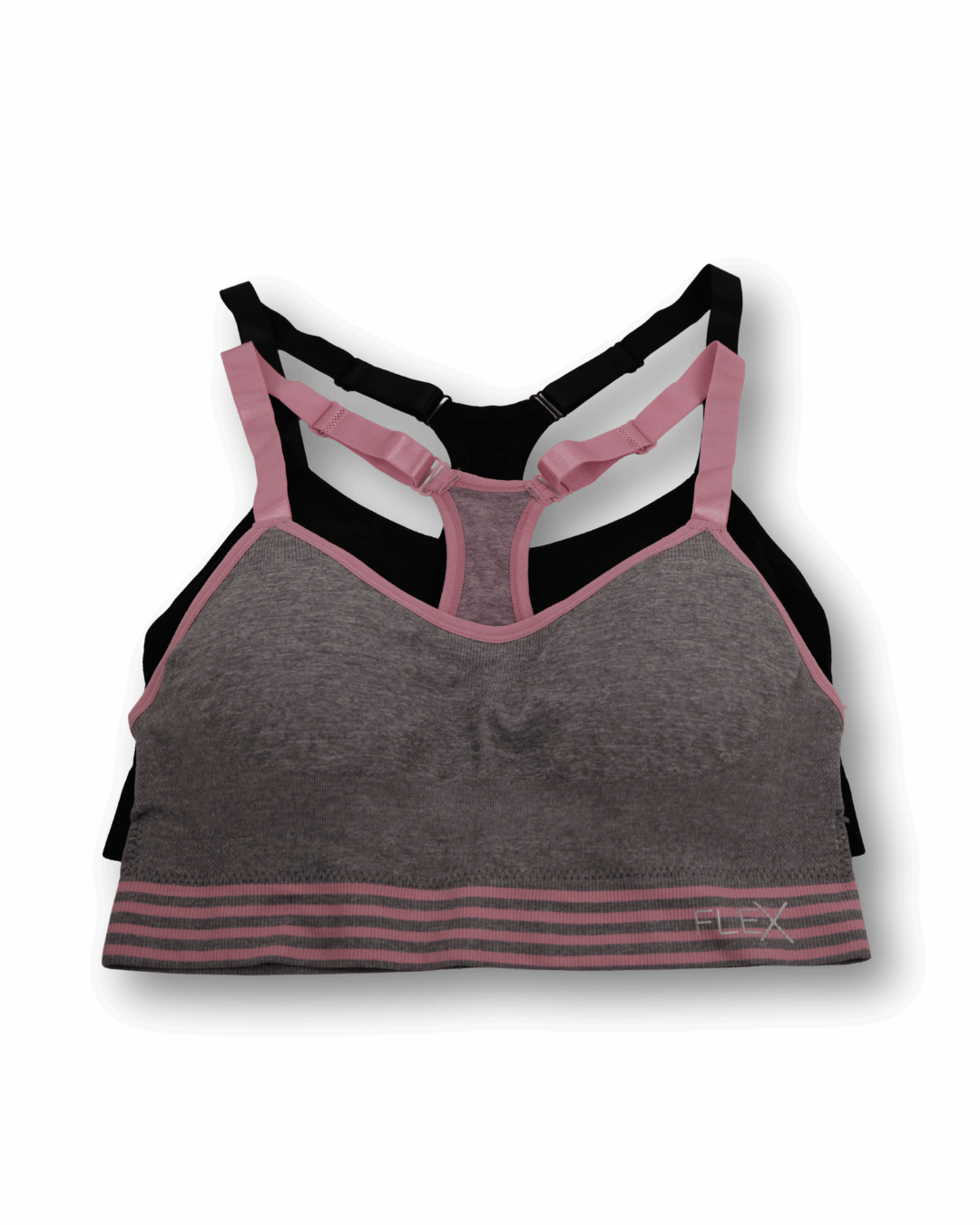 Gray sports bra with pink accents and 'Flex' branding on a white background