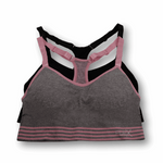 Gray sports bra with pink accents and 'Flex' branding on a white background