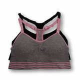 Gray sports bra with pink accents and 'Flex' branding on a white background