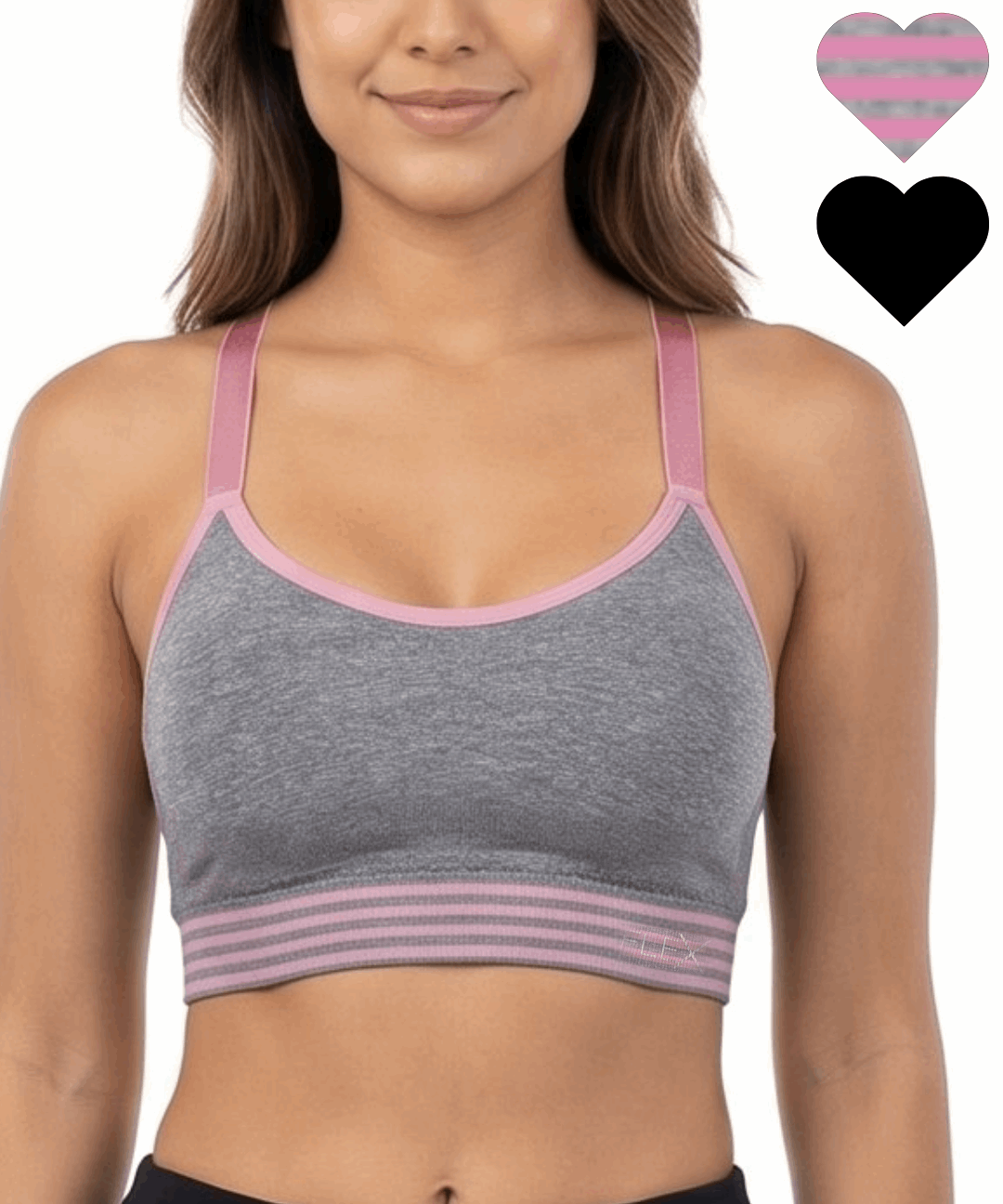 Woman wearing a gray sports bra with pink straps and trim on a white background
