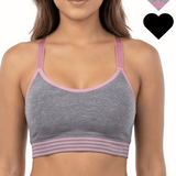 Woman wearing a gray sports bra with pink straps and trim on a white background