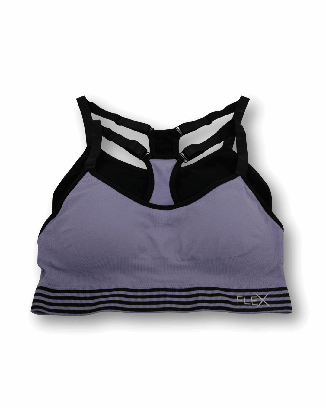 Purple sports bra with black accents and 'Flex' branding on a white background