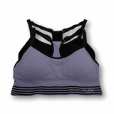 Purple sports bra with black accents and 'Flex' branding on a white background
