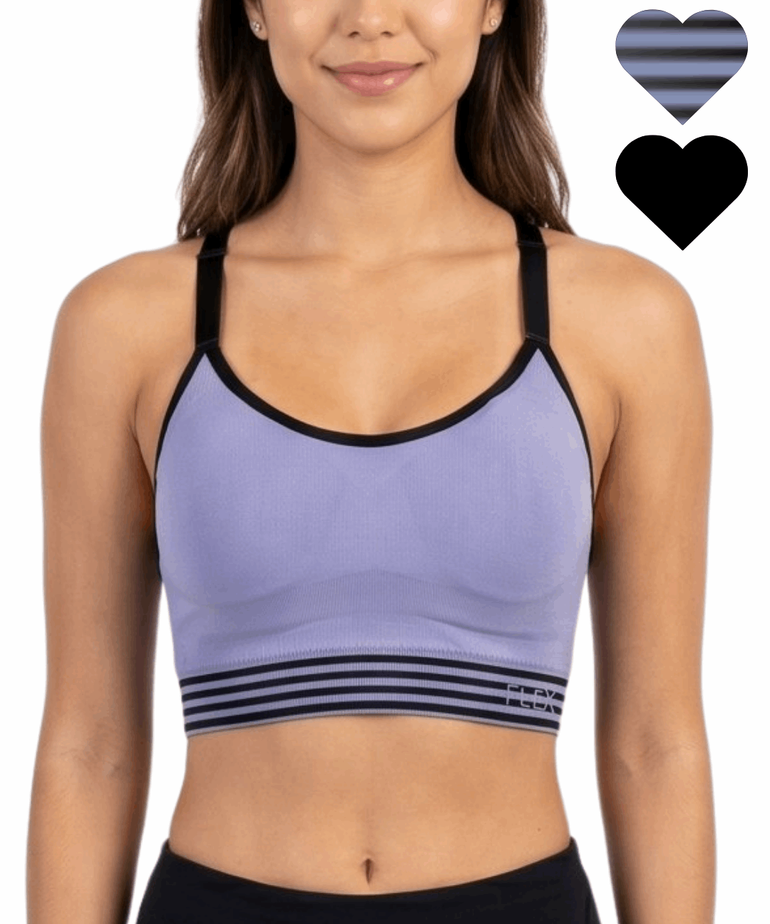 Woman wearing a purple sports bra with black straps on a white background