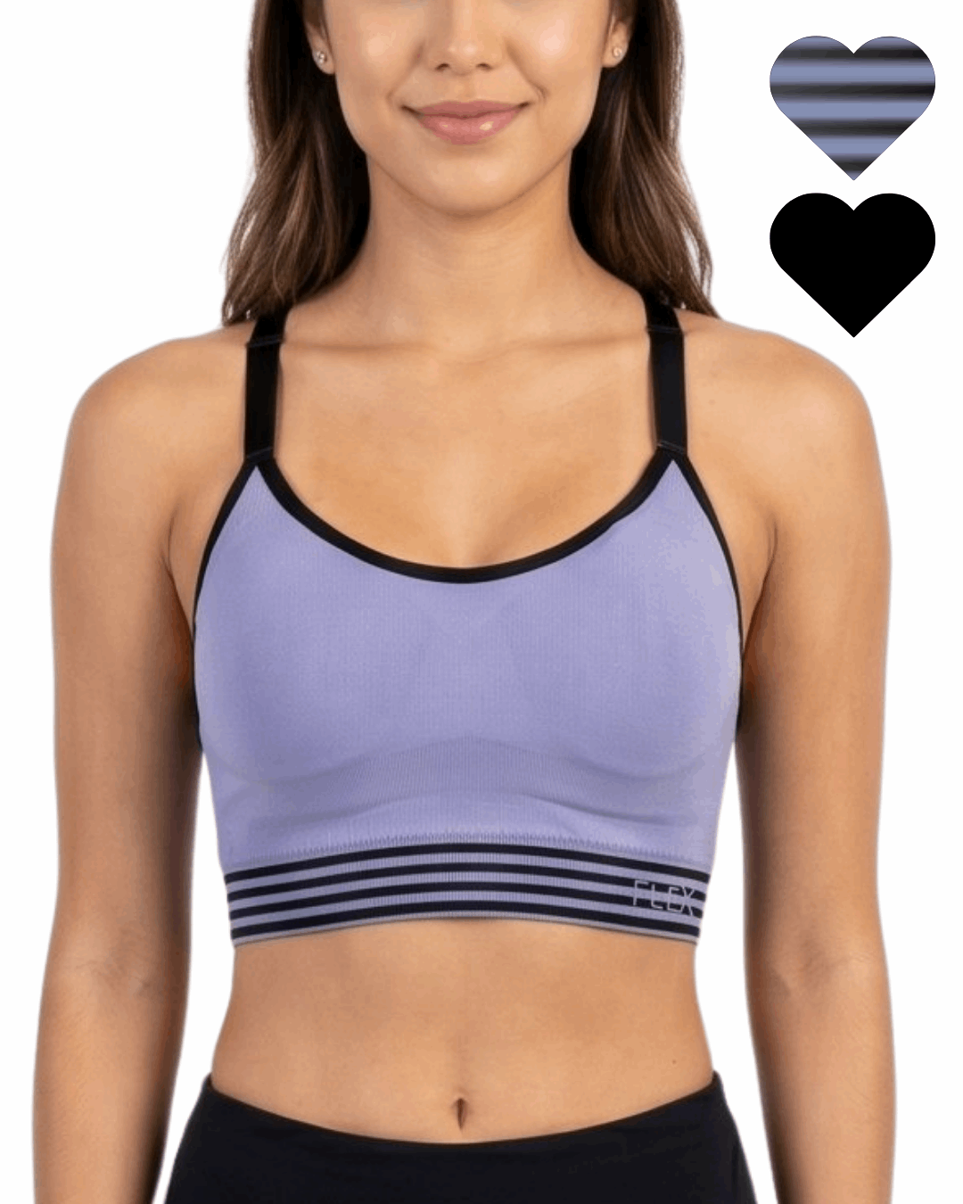 Woman wearing a purple sports bra with black straps on a white background