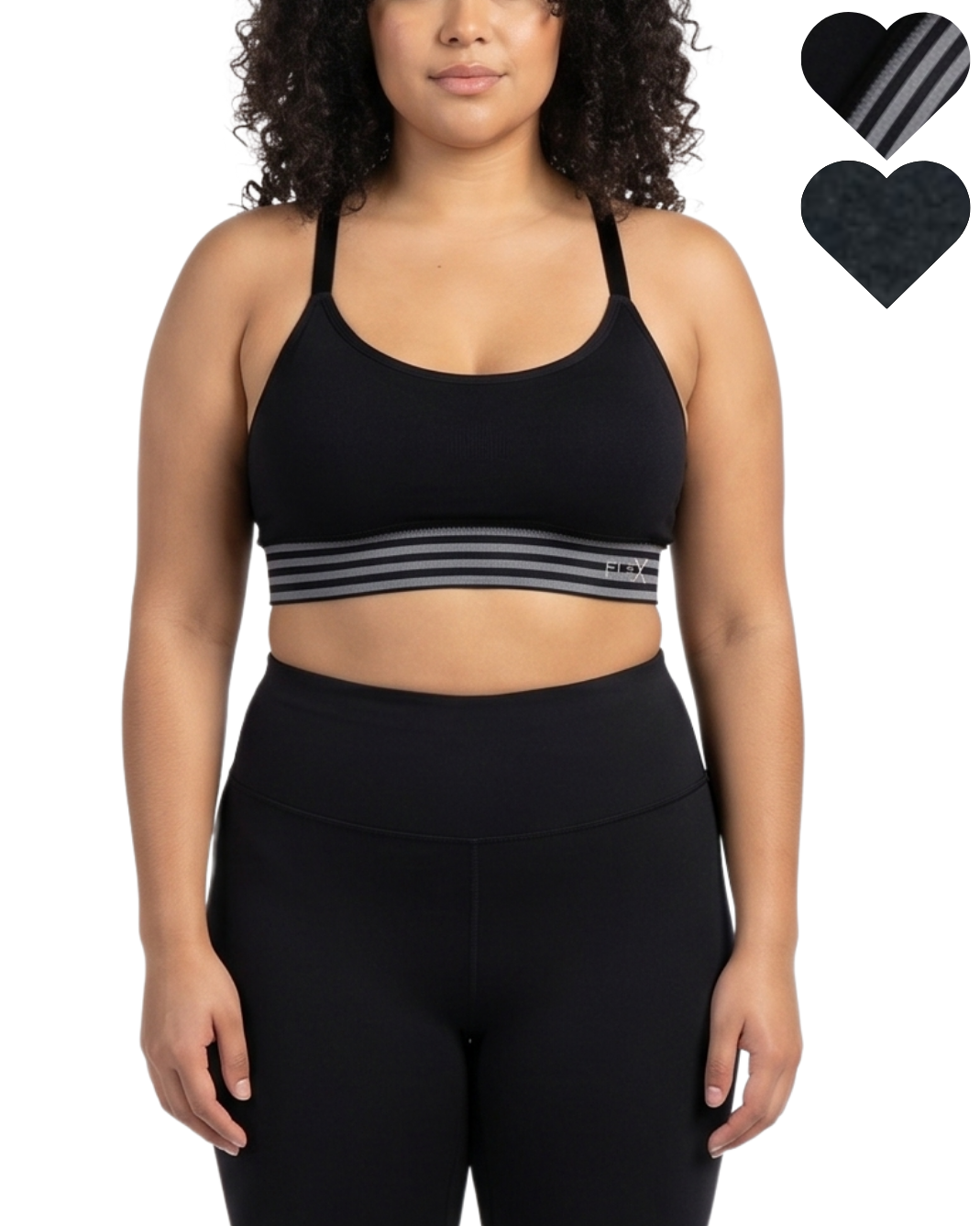 Woman wearing a black sports bra and leggings on a white background