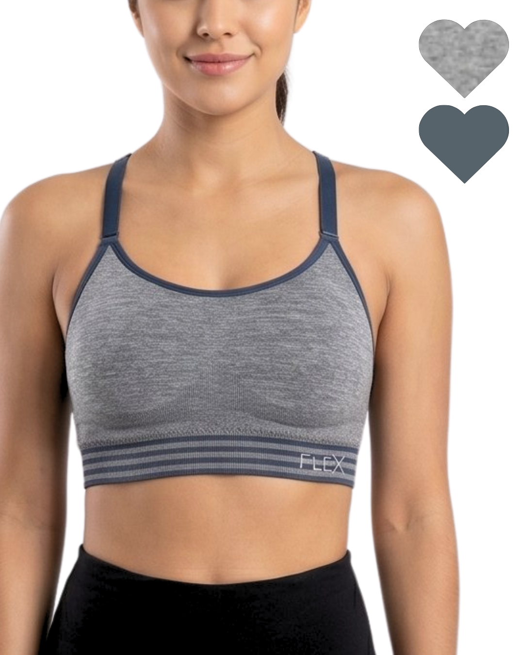 Woman wearing a gray sports bra with navy straps, featuring the brand 'Flex'.