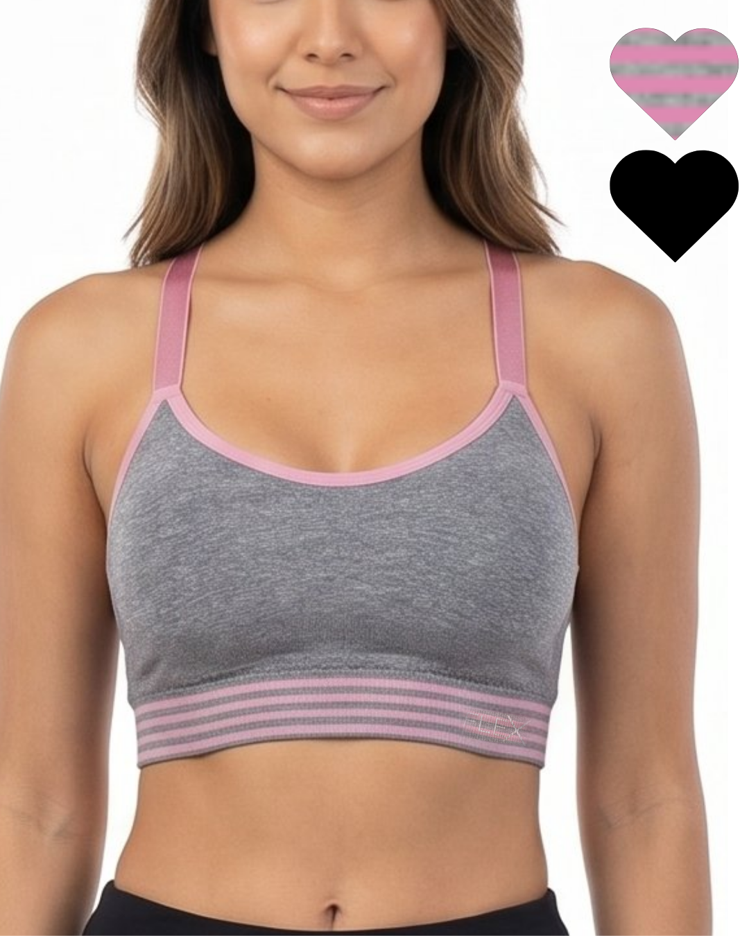 Woman wearing a gray sports bra with pink straps and trim on a white background