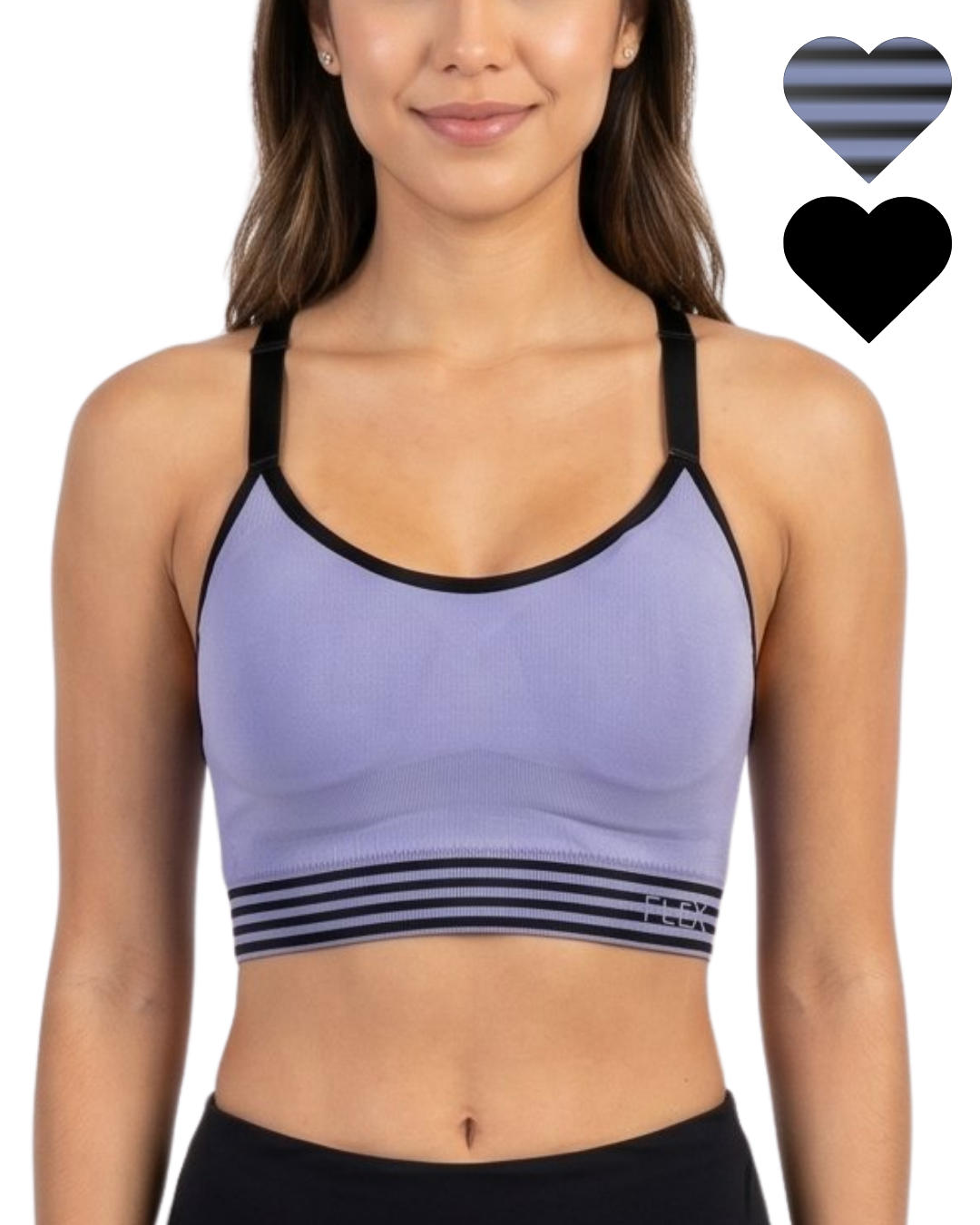 Woman wearing a purple sports bra with black straps on a white background
