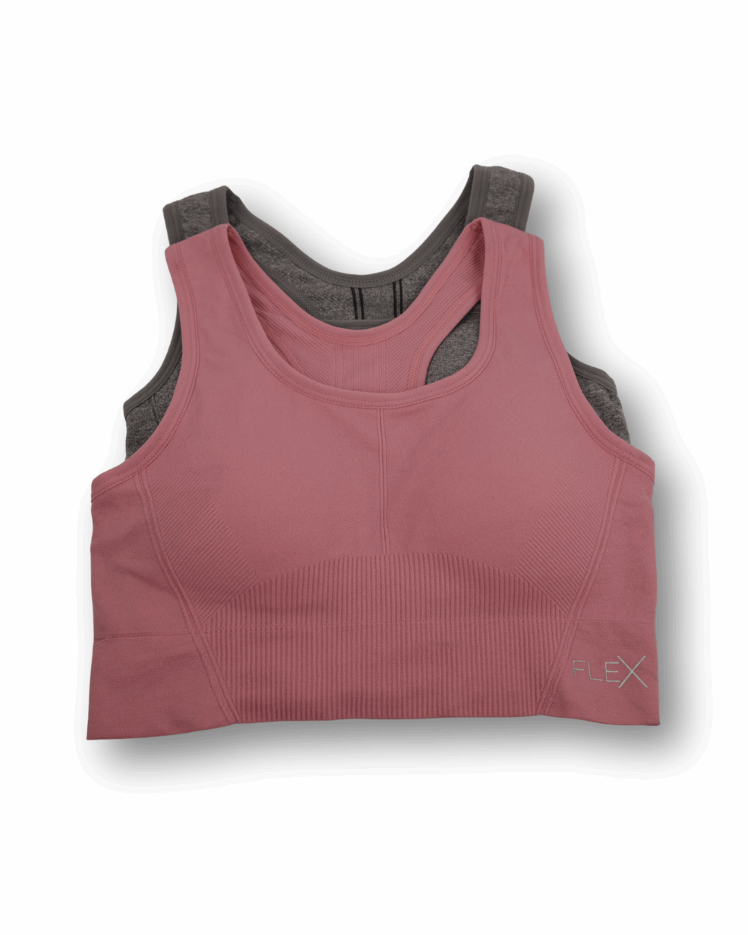Pink and gray sports bra on a white background