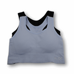 Blue and black sports bra on a white background