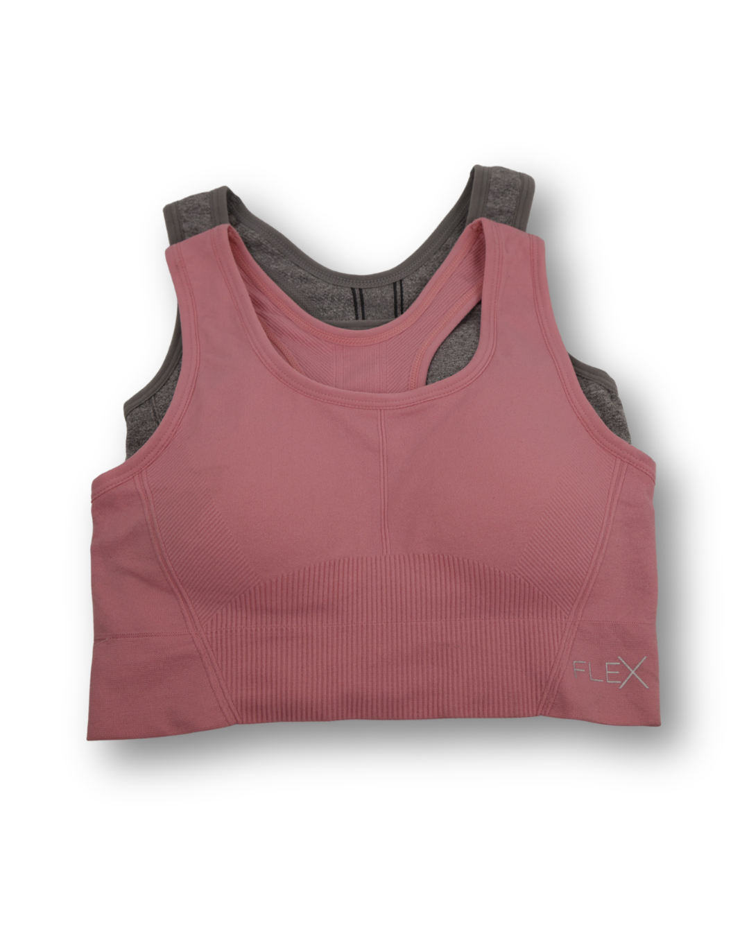 Pink and gray sports bra on a white background
