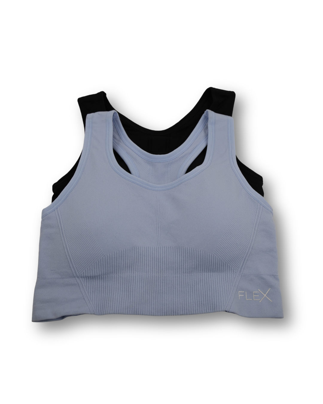 Blue and black sports bra on a white background
