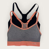 Multicolored sports bra with 'Flex' branding on a light gray background