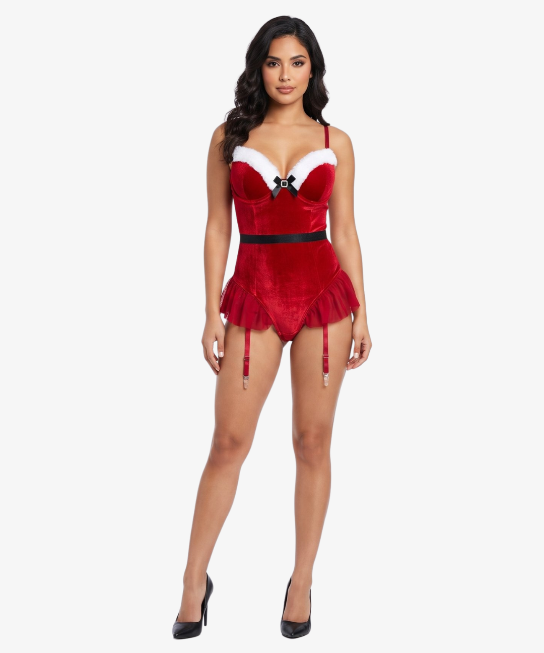 Santa's Helper Costume – red velvet push-up bustier with white faux fur trim, built-in ruffle skirt and garter straps by Carrie Amber Intimates

