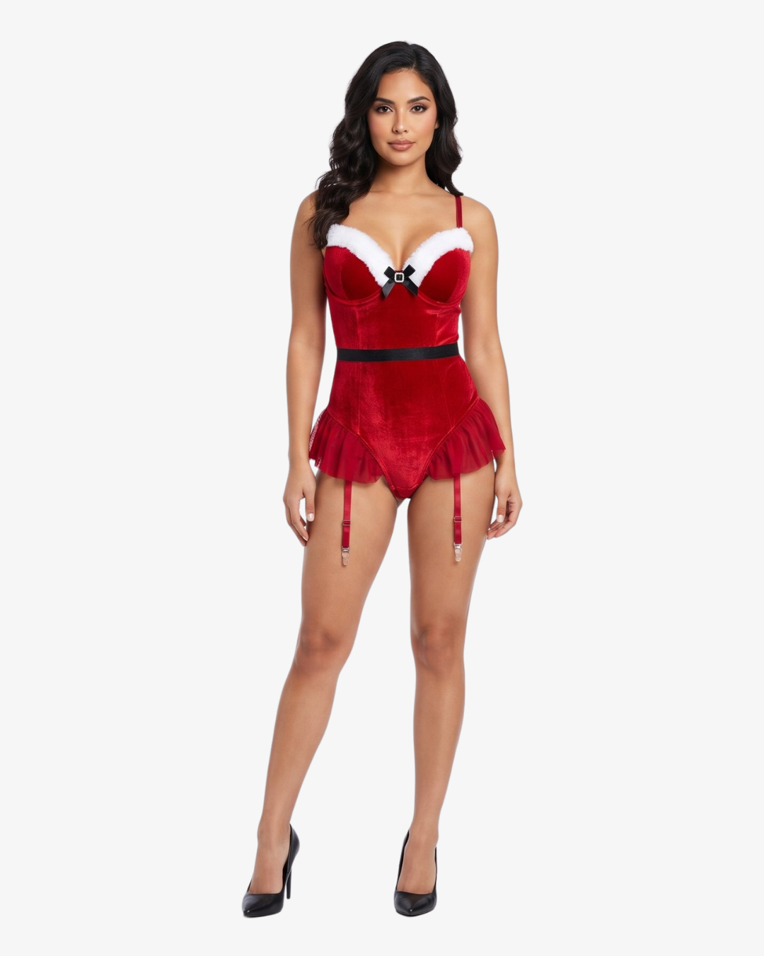 Santa's Helper Costume – red velvet push-up bustier with white faux fur trim, built-in ruffle skirt and garter straps by Carrie Amber Intimates

