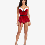 Santa's Helper Costume – red velvet push-up bustier with white faux fur trim, built-in ruffle skirt and garter straps by Carrie Amber Intimates

