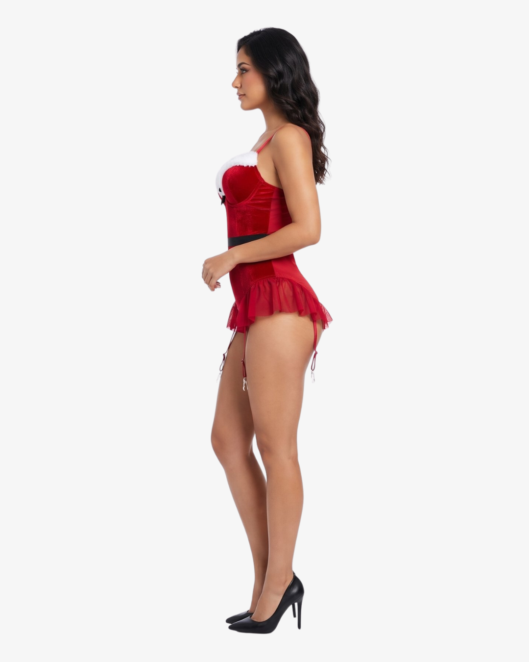 Santa's Helper Costume – red velvet push-up bustier with white faux fur trim, built-in ruffle skirt and garter straps by Carrie Amber Intimates
